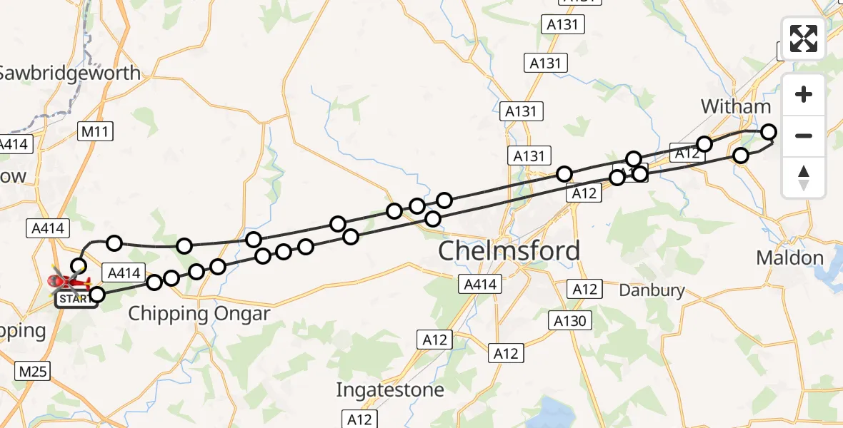 Flight route Air Ambulance Helicopter North Weald Airfield - North Weald Airfield, 26 June 2026, 16:54