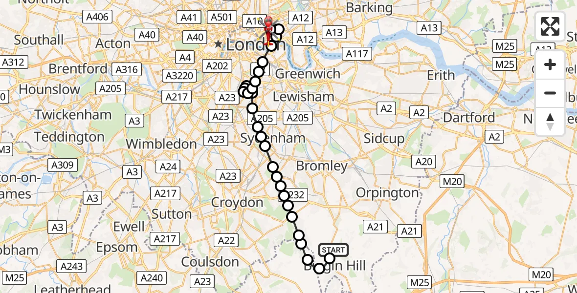 Flight route Air Ambulance Helicopter London Biggin Hill Airport - Royal London Hospital, 26 June 2026, 16:58