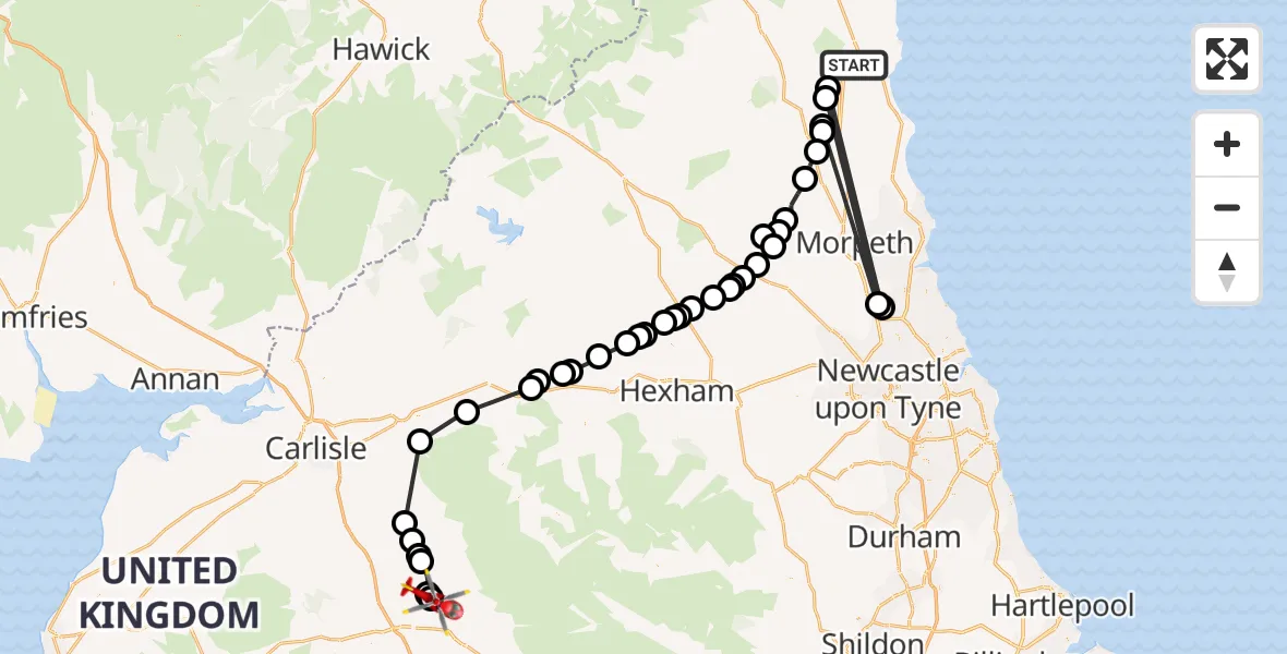 Flight route Air Ambulance Helicopter Alnwick - Edenhall, 26 June 2026, 17:01