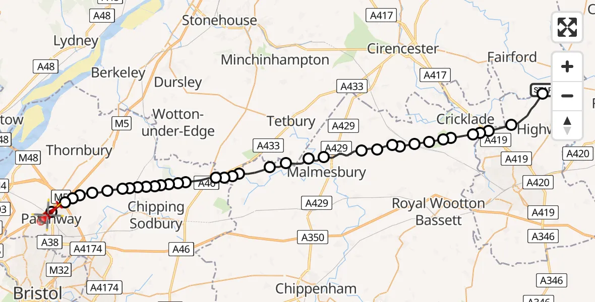 Flight route Air Ambulance Helicopter Inglesham Private Airstrip - Patchway, 26 June 2026, 17:02