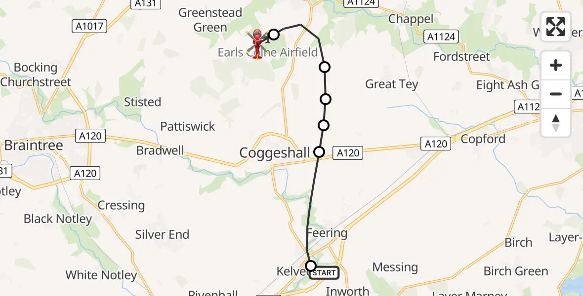 Flight route Air Ambulance Helicopter Kelvedon - Earls Colne Airfield, 26 June 2026, 17:12