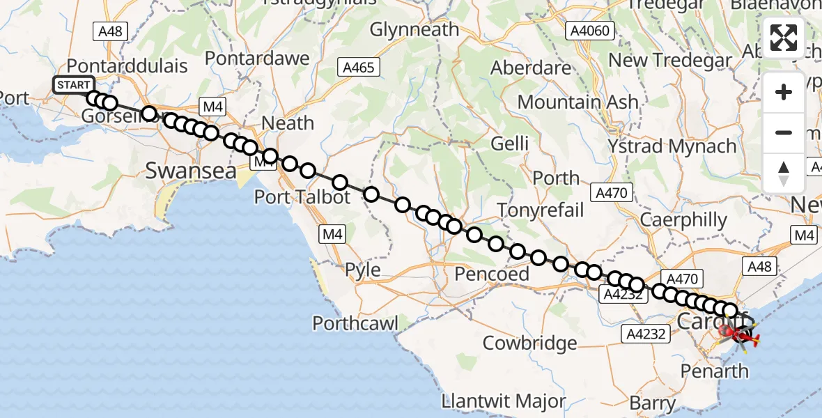 Flight route Air Ambulance Helicopter Dafen - Cardiff Heliport, 26 June 2026, 17:24