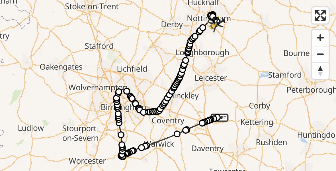 Flight route Police Helicopter Husbands Bosworth - Nottingham City Airport, 26 June 2026, 17:48