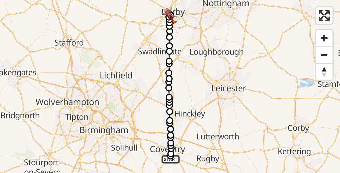 Flight route Air Ambulance Helicopter Coventry Airport - Littleover, 26 June 2026, 17:51