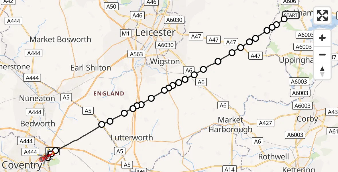 Flight route Air Ambulance Helicopter Oakham - University Hospital Coventry, 26 June 2026, 17:55
