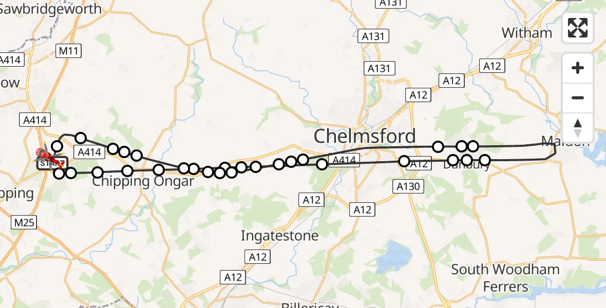 Flight route Air Ambulance Helicopter North Weald Airfield - North Weald Airfield, 26 June 2026, 18:18