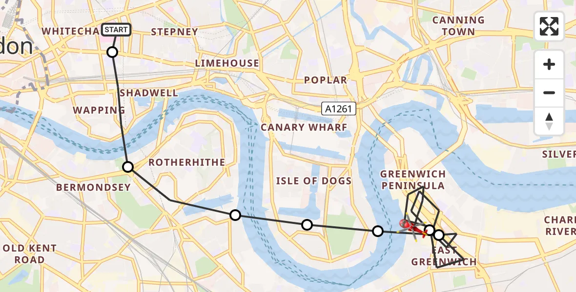 Flight route Air Ambulance Helicopter Royal London Hospital - Greenwich Peninsula, 26 June 2026, 18:44