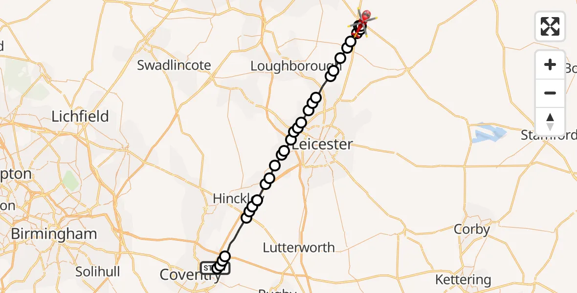 Flight route Air Ambulance Helicopter University Hospital Coventry - Hickling, 26 June 2026, 18:45