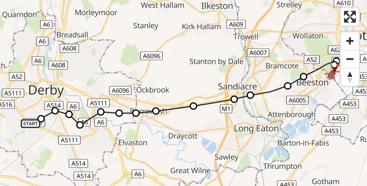 Flight route Air Ambulance Helicopter Normanton - Beeston, 26 June 2026, 18:44