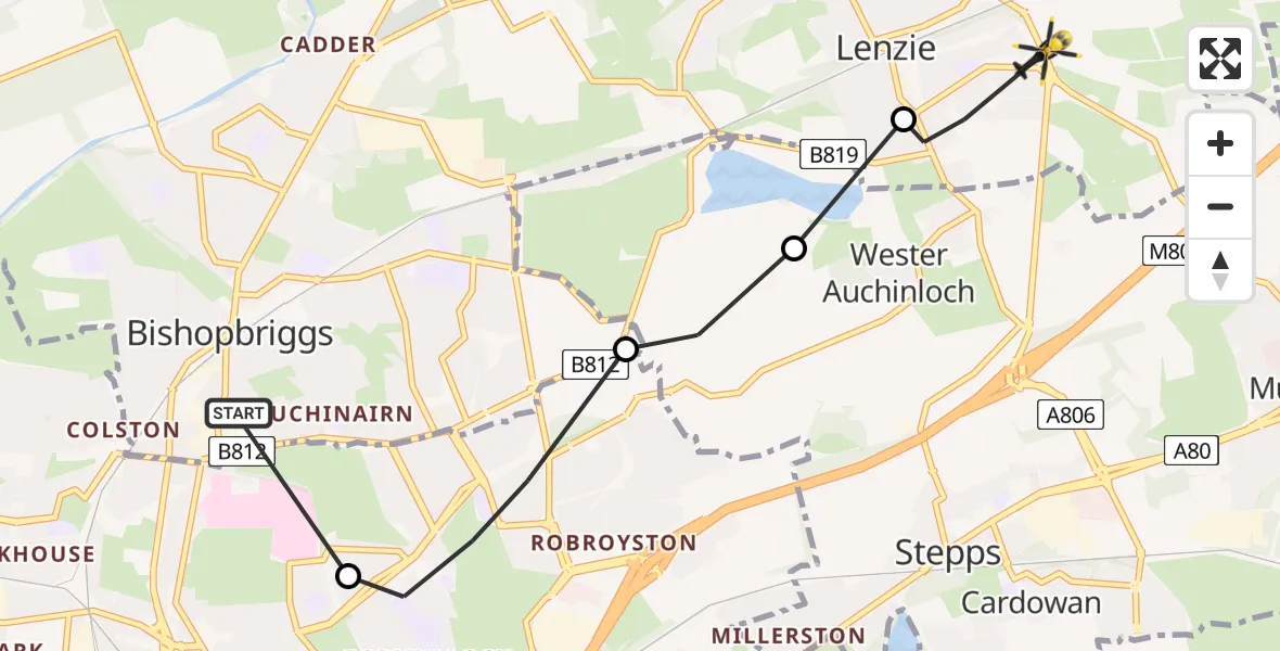Flight route Police Helicopter Bishopbriggs - Lenzie, 26 June 2026, 18:50