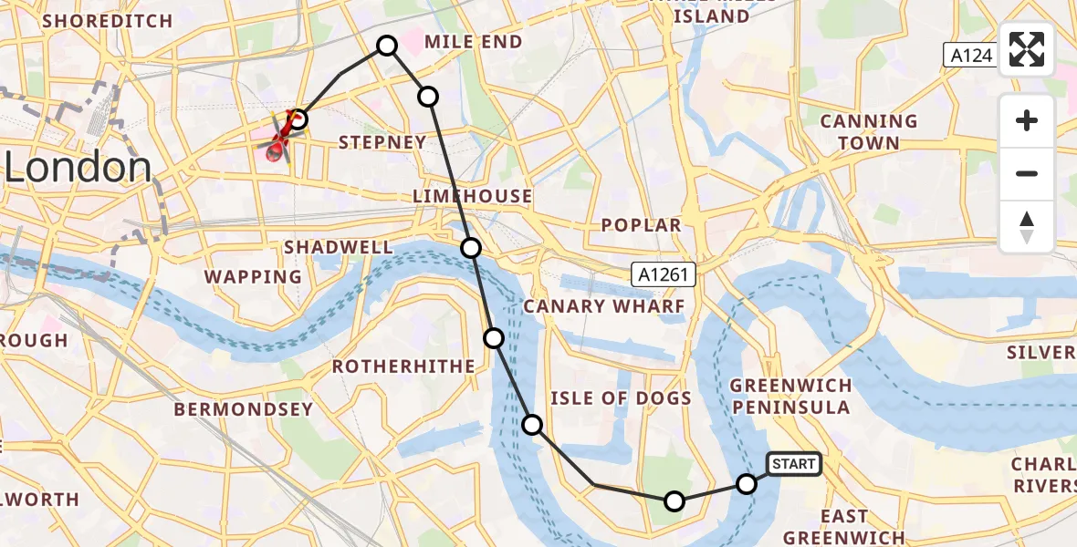 Flight route Air Ambulance Helicopter Greenwich Peninsula - Royal London Hospital, 26 June 2026, 19:24