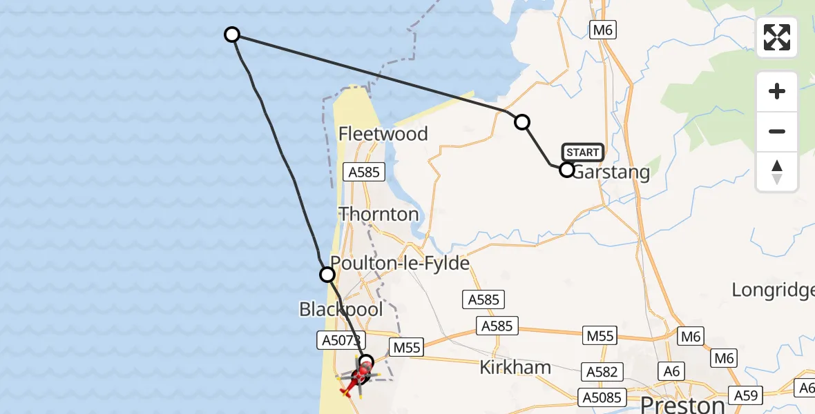 Flight route Air Ambulance Helicopter Winmarleigh - Blackpool Airport, 26 June 2026, 19:41