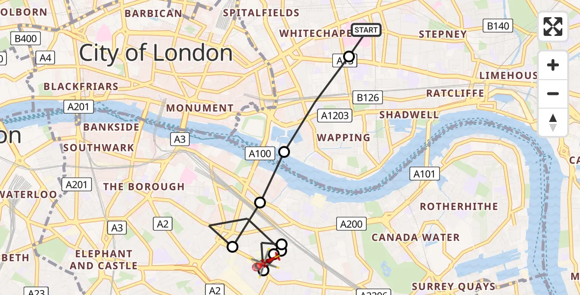 Flight route Air Ambulance Helicopter Royal London Hospital - Old Kent Road, 26 June 2026, 20:02