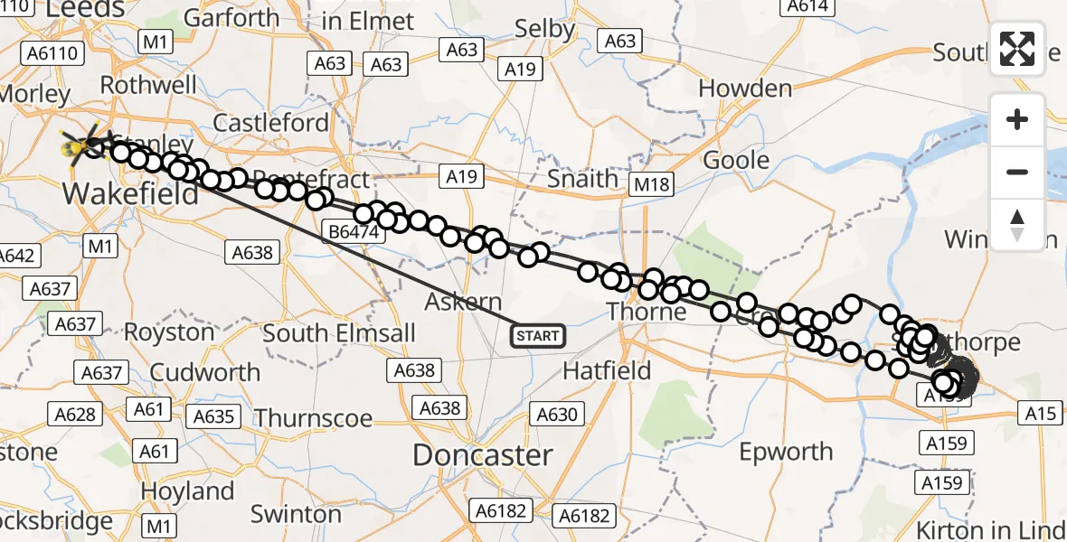 Flight route Police Helicopter Kirk Bramwith - East Ardsley, 26 June 2026, 20:06