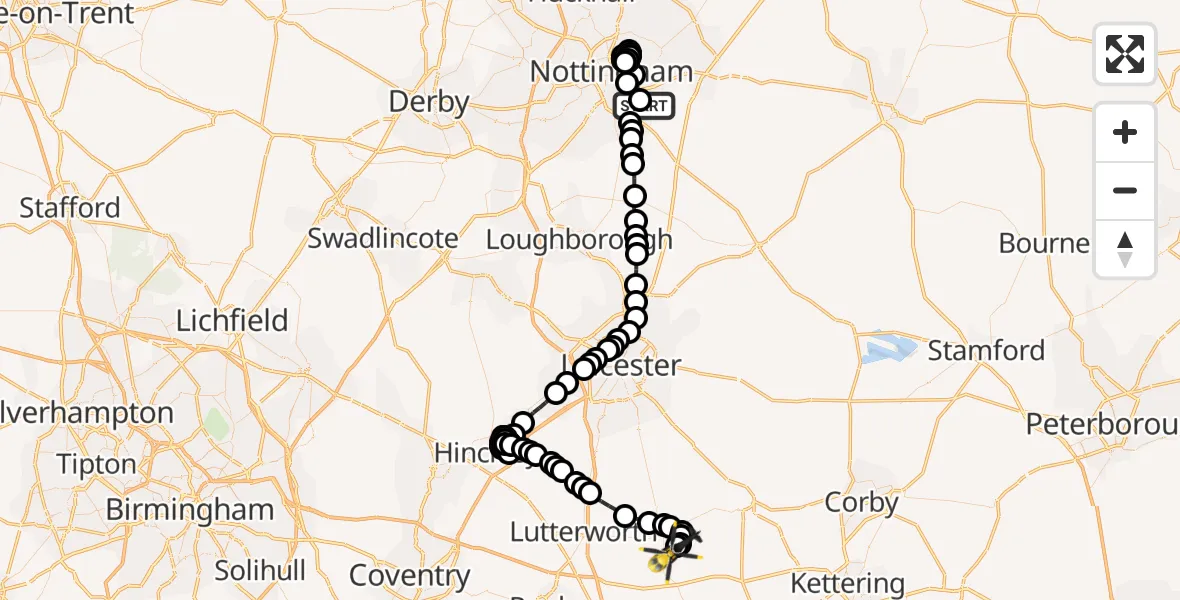 Flight route Police Helicopter Nottingham City Airport - Sulby, 26 June 2026, 20:16