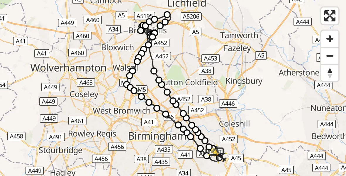 Flight route Police Helicopter Birmingham Airport - Birmingham Airport, 26 June 2026, 20:24