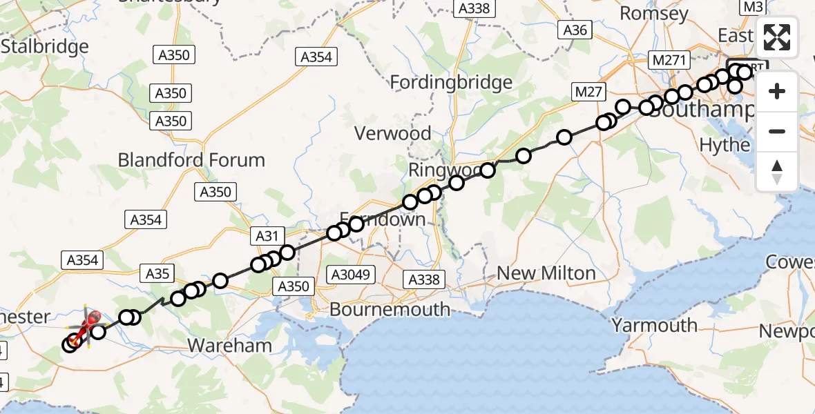 Flight route Air Ambulance Helicopter Southampton Airport - Crossways, 26 June 2026, 20:40