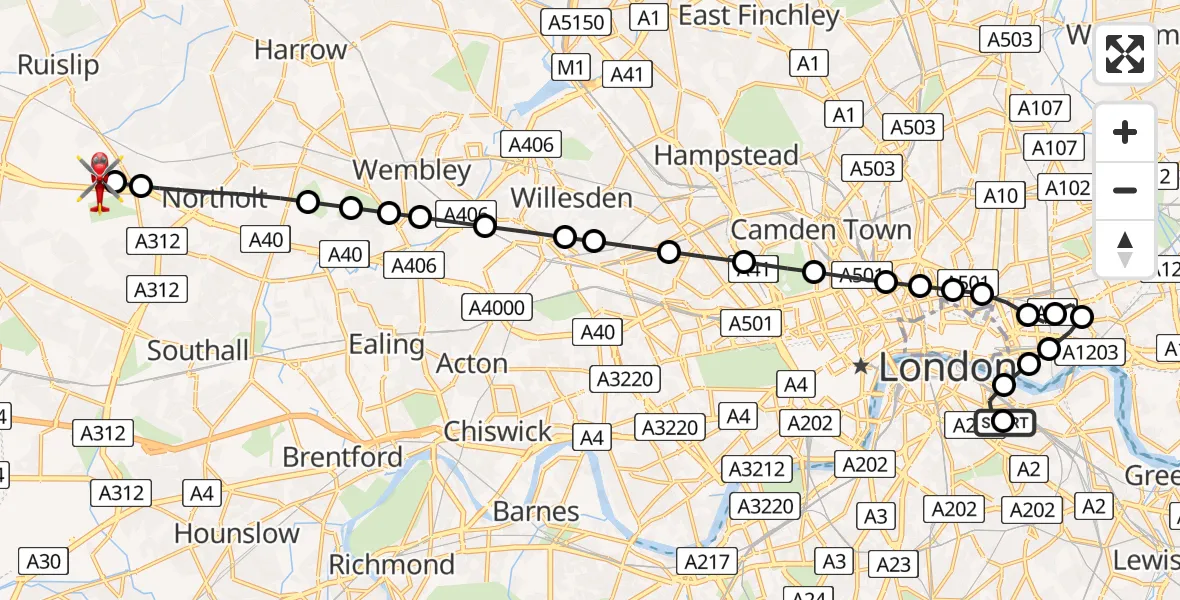Flight route Air Ambulance Helicopter Old Kent Road - RAF Northolt, 26 June 2026, 20:45
