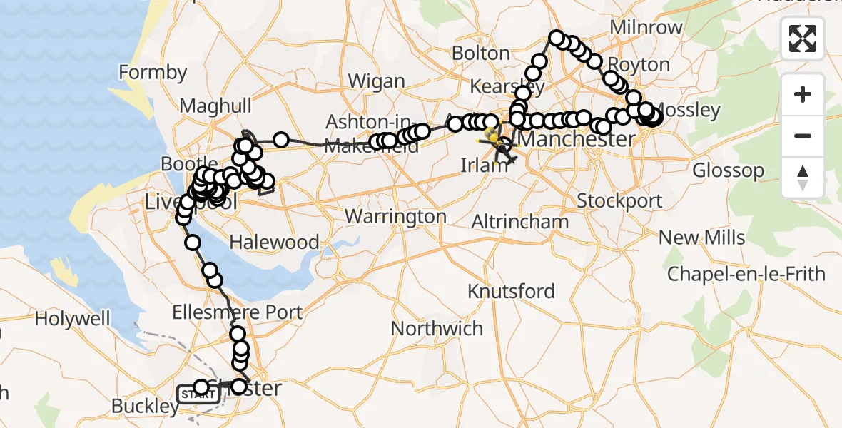 Flight route Police Helicopter Hawarden Airport - Manchester Barton Aerodrome, 26 June 2026, 21:56