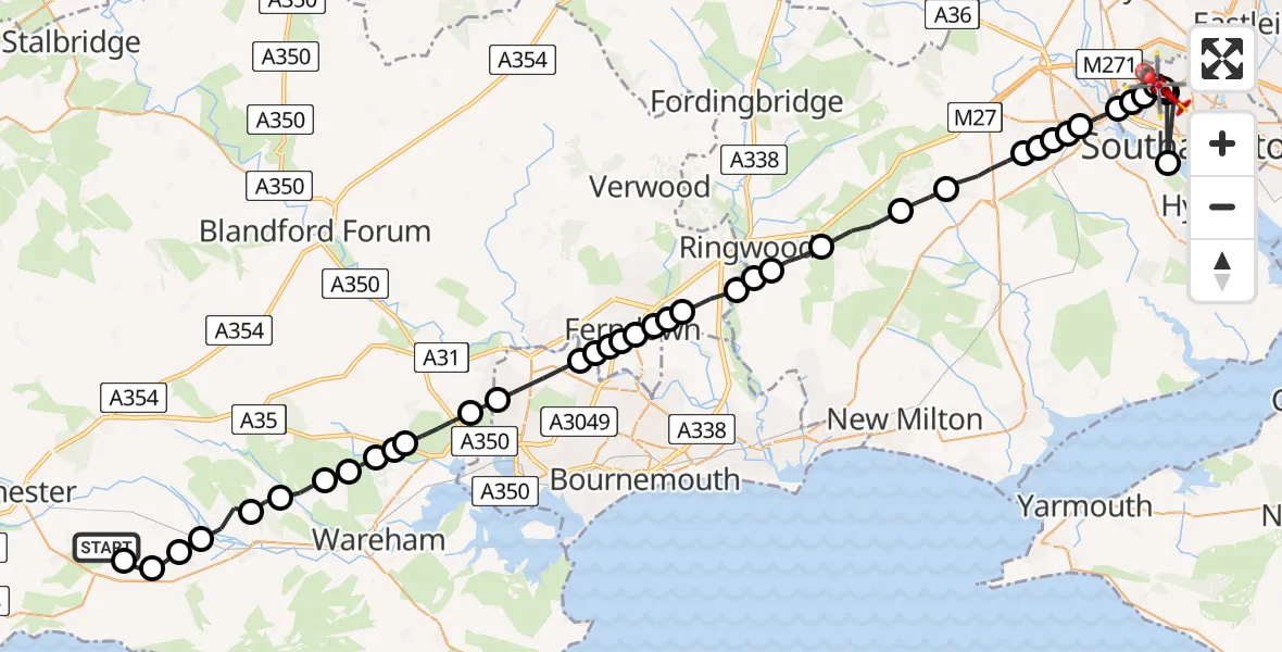 Flight route Air Ambulance Helicopter Warmwell - University Hospital Southampton, 26 June 2026, 22:28