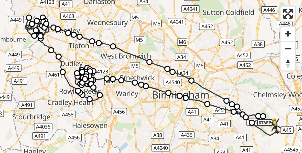 Flight route Police Helicopter Birmingham Airport - Solihull, 26 June 2026, 22:32