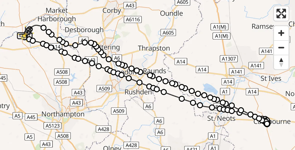 Flight route Police Helicopter Harborough - Welford, 26 June 2026, 22:38