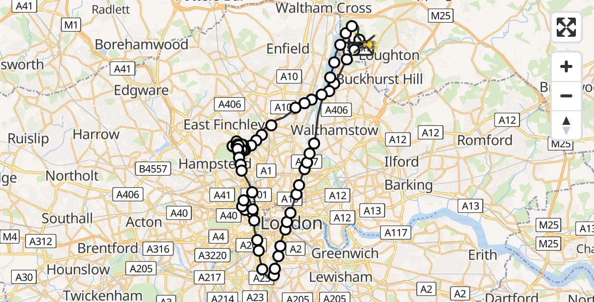 Flight route Police Helicopter Metropolitan Police Air Support Unit Lippitts Hill - Sewardstonebury, 26 June 2026, 23:53