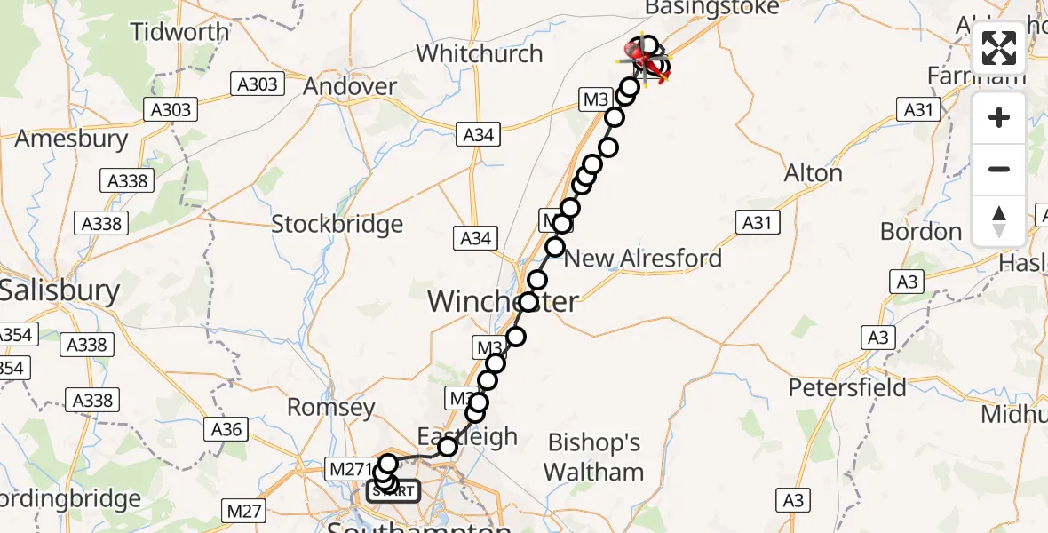 Flight route Air Ambulance Helicopter University Hospital Southampton - Basingstoke, 27 June 2026, 00:05