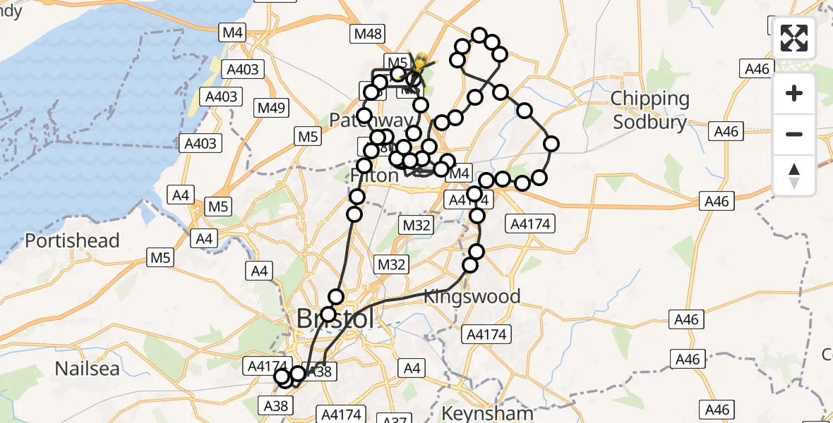 Flight route Police Helicopter Almondsbury Helicopter Base - Woodlands, 27 June 2026, 00:24