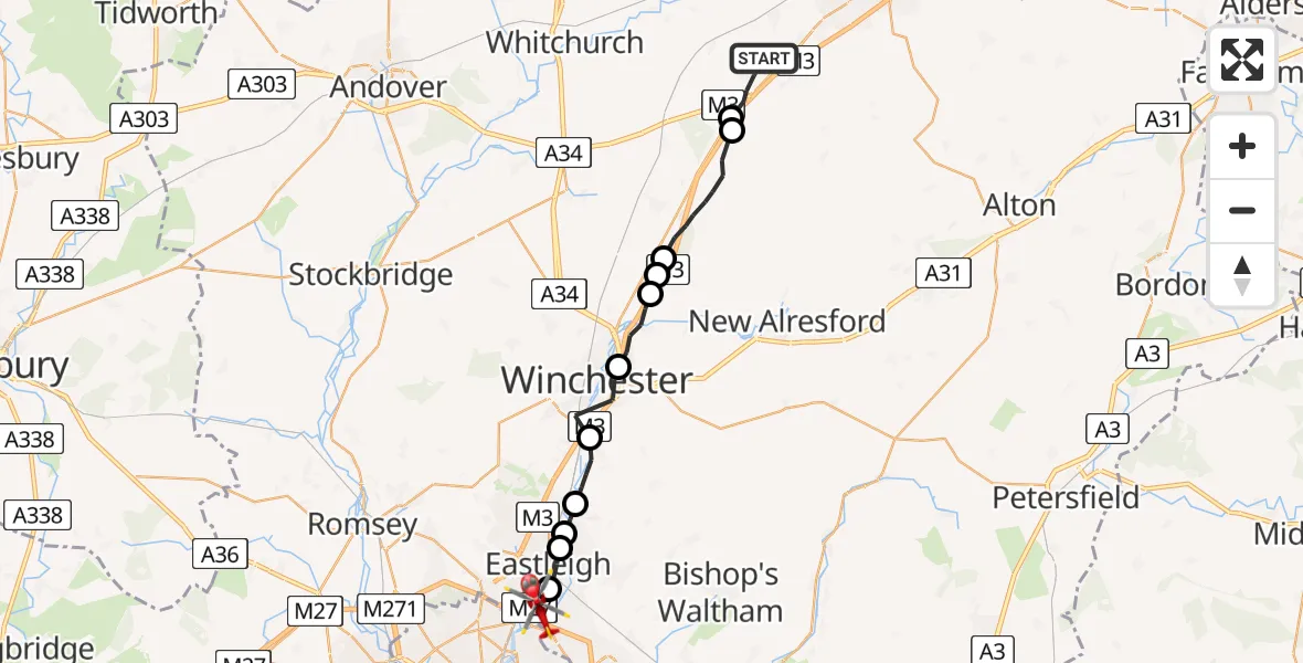 Flight route Air Ambulance Helicopter North Waltham - Southampton Airport, 27 June 2026, 01:01