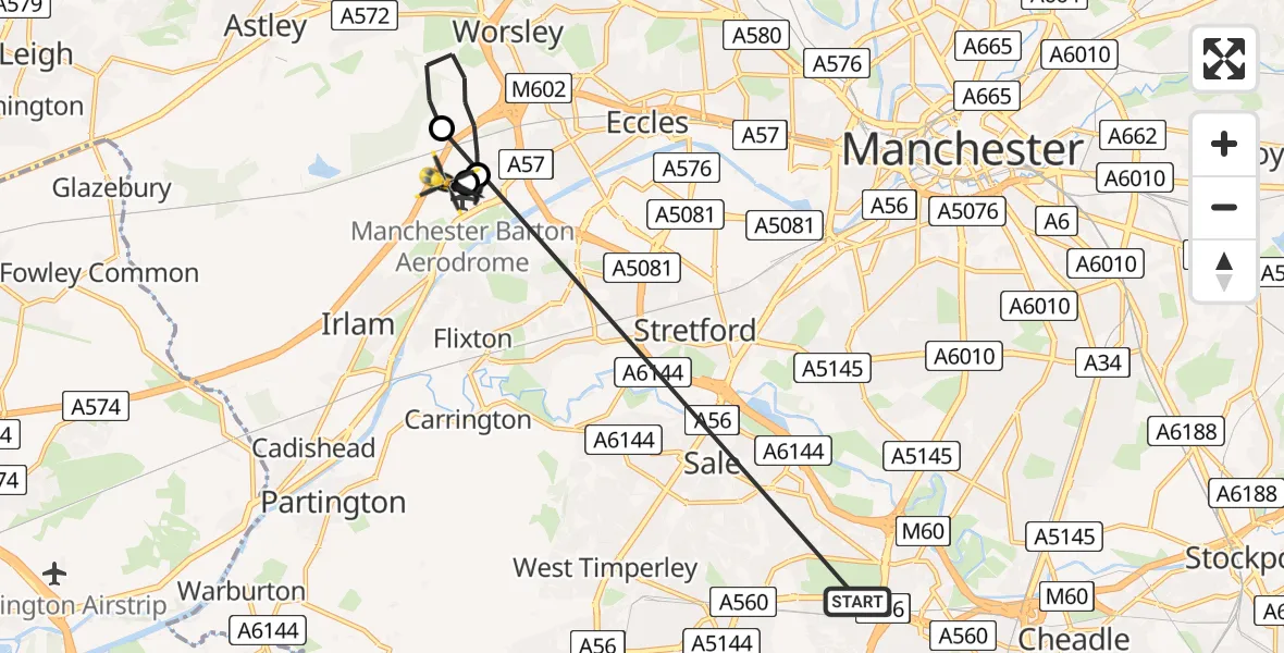 Flight route Police Helicopter Wythenshawe - Irlam, 27 June 2026, 01:43