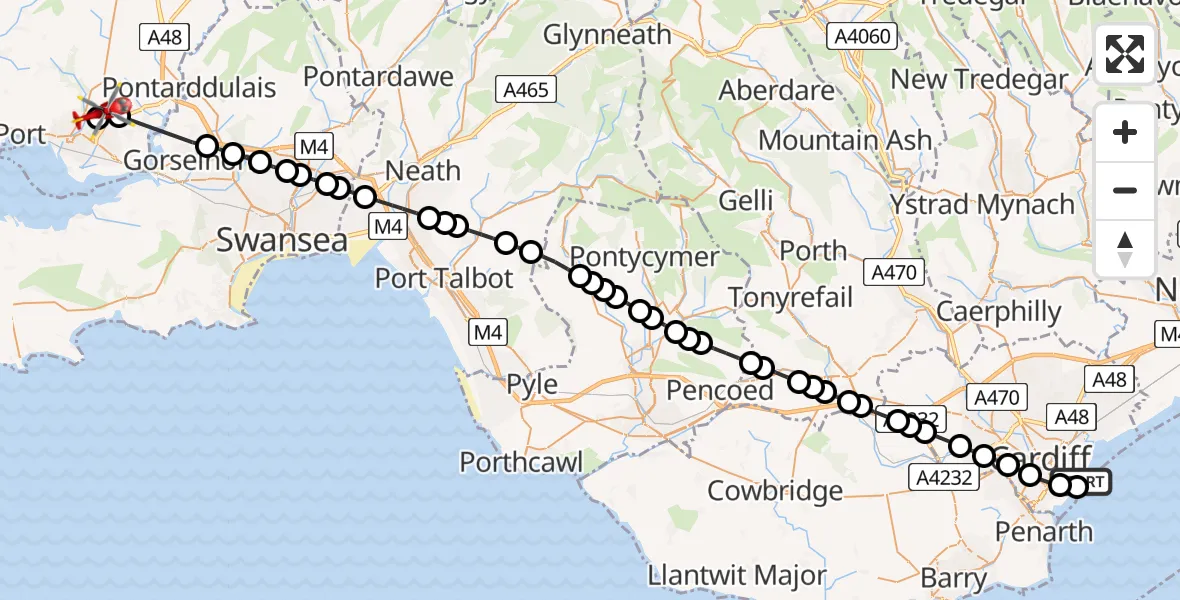 Flight route Air Ambulance Helicopter Cardiff Heliport - Dafen, 27 June 2026, 06:22