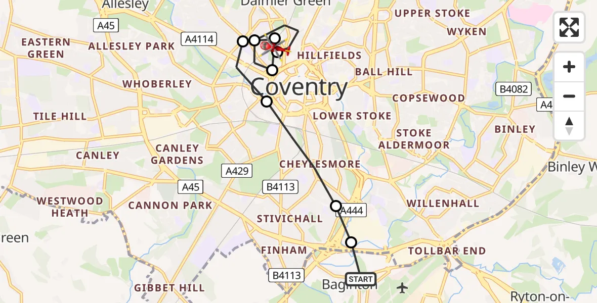 Flight route Air Ambulance Helicopter Coventry Airport - Spon End, 27 June 2026, 06:23