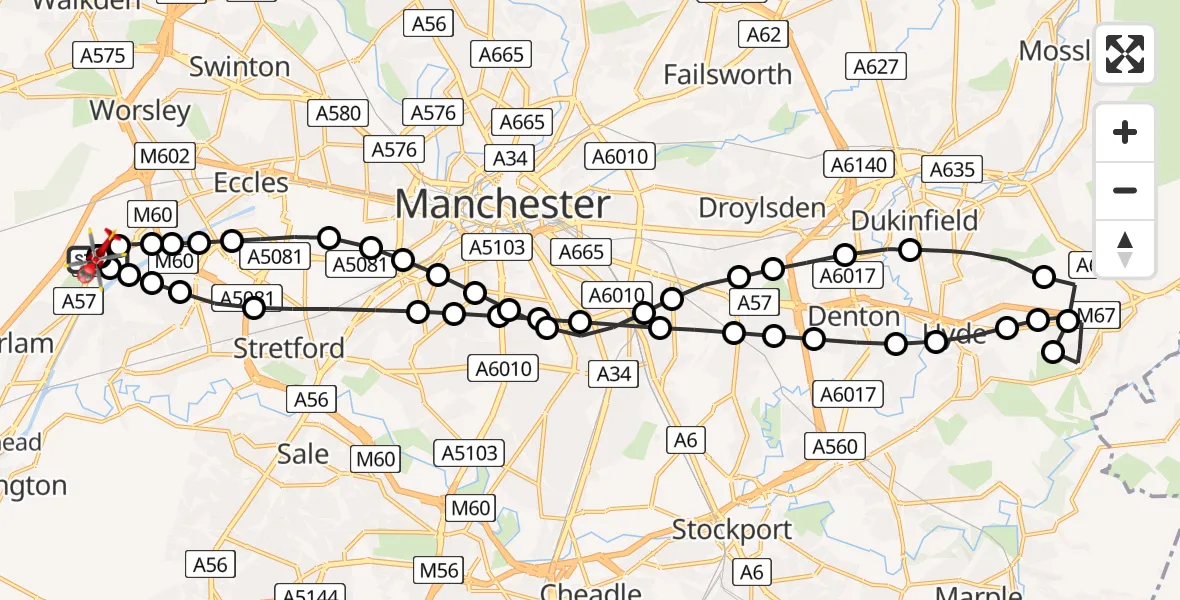Flight route Air Ambulance Helicopter Manchester Barton Aerodrome - Manchester Barton Aerodrome, 27 June 2026, 06:45