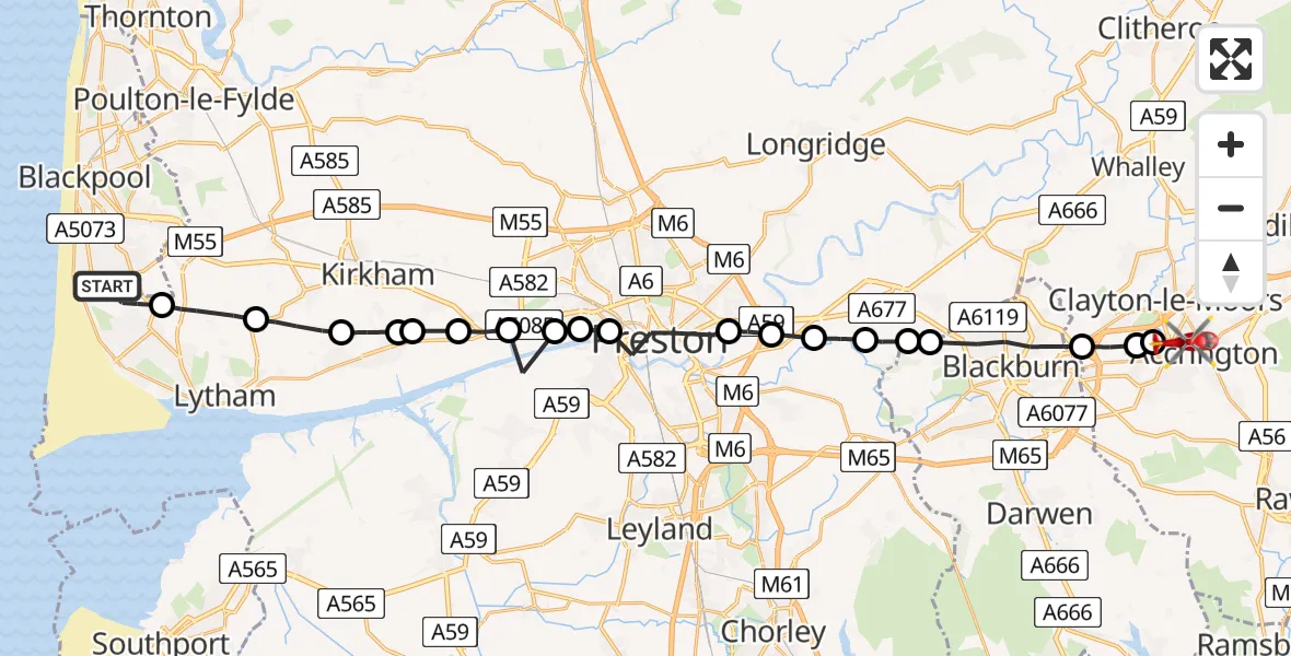 Flight route Air Ambulance Helicopter Blackpool Airport - Accrington, 27 June 2026, 07:10