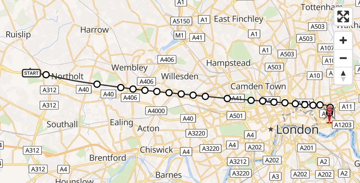 Flight route Air Ambulance Helicopter RAF Northolt - Royal London Hospital, 27 June 2026, 07:11