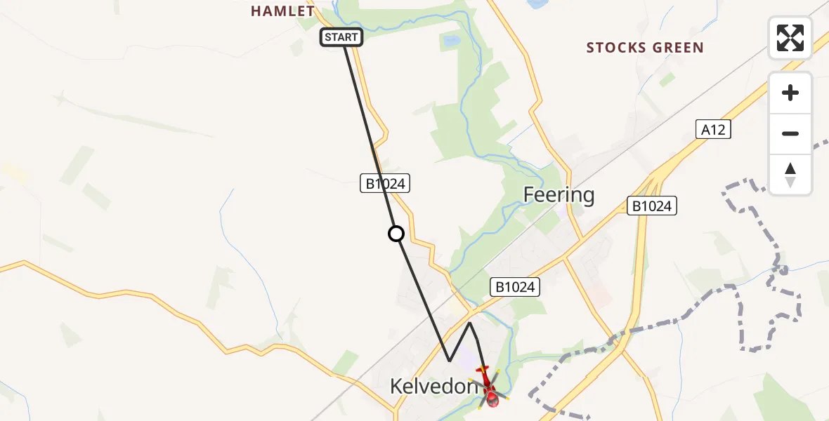 Flight route Air Ambulance Helicopter Coggeshall - Braintree, 27 June 2026, 08:08