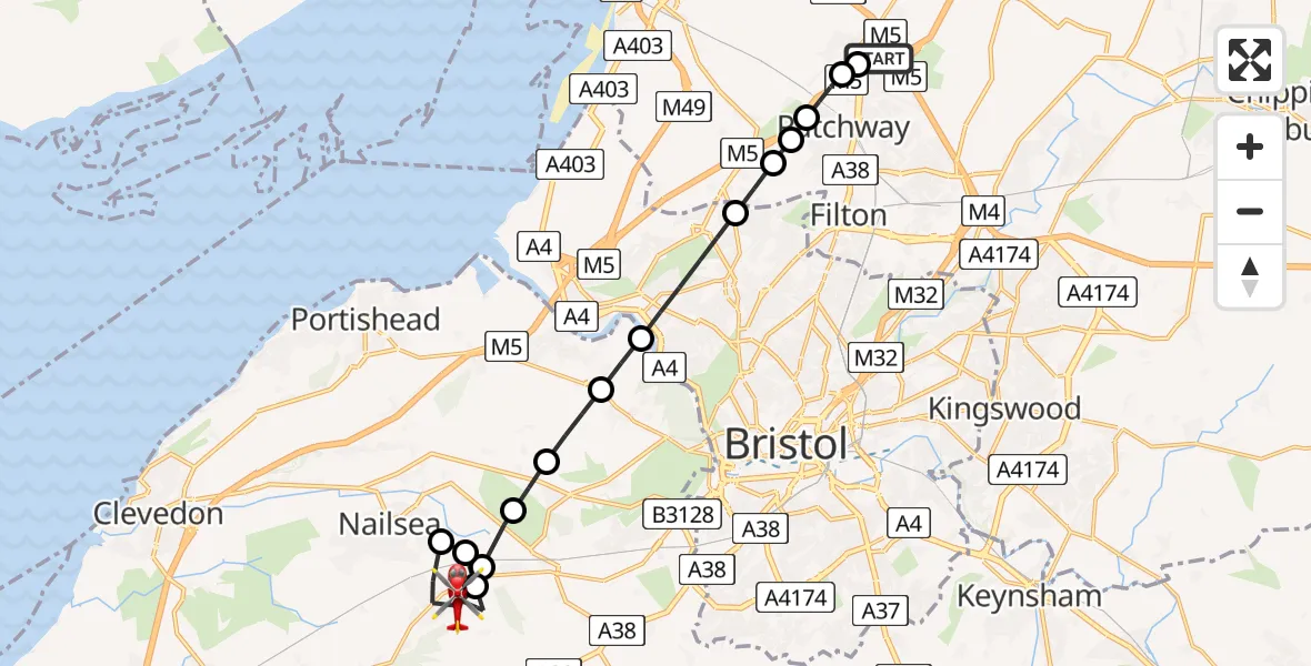 Flight route Air Ambulance Helicopter Almondsbury Helicopter Base - Backwell, 27 June 2026, 08:12