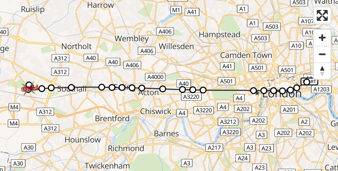 Flight route Air Ambulance Helicopter Royal London Hospital - Hayes, 27 June 2026, 08:16