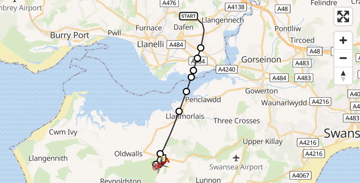 Flight route Air Ambulance Helicopter Dafen - Reynoldston, 27 June 2026, 08:42