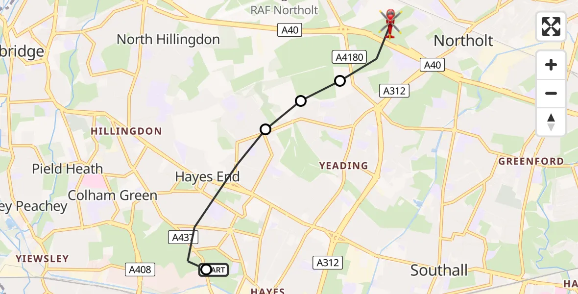 Flight route Air Ambulance Helicopter Hayes - Ealing, 27 June 2026, 08:50