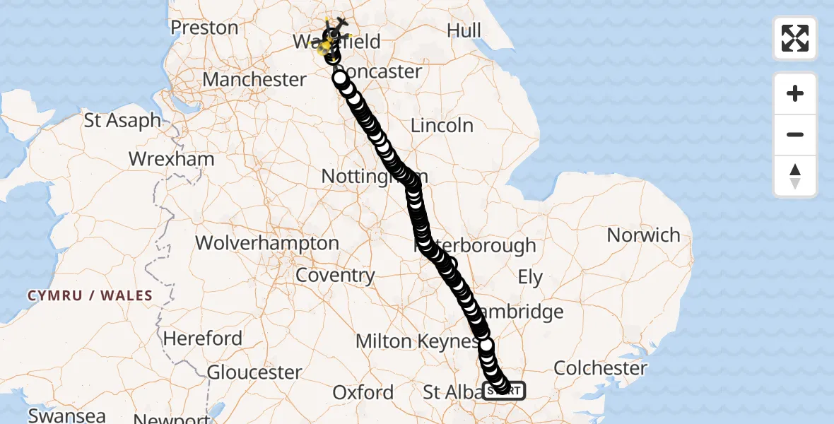 Flight route Police Helicopter Roydon - East Ardsley, 27 June 2026, 08:57