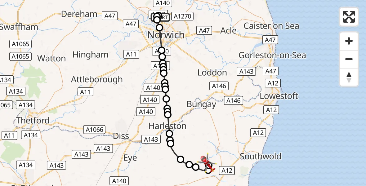 Flight route Air Ambulance Helicopter Norwich Airport - Walpole, 27 June 2026, 09:03