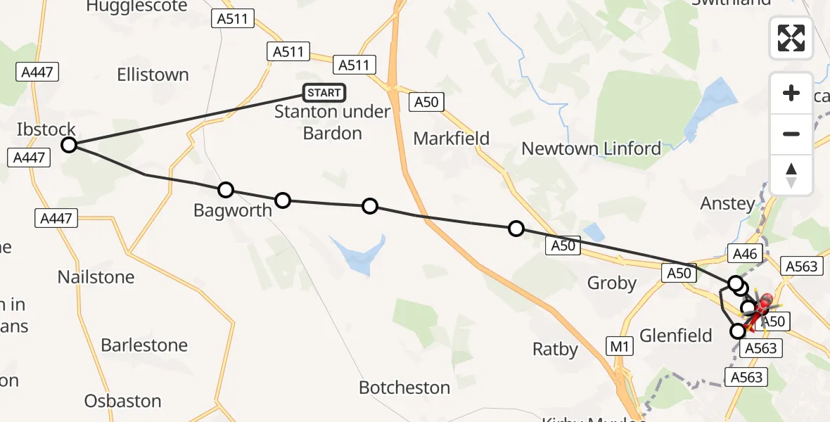 Flight route Air Ambulance Helicopter Stanton under Bardon - Bradgate Heights, 27 June 2026, 09:06