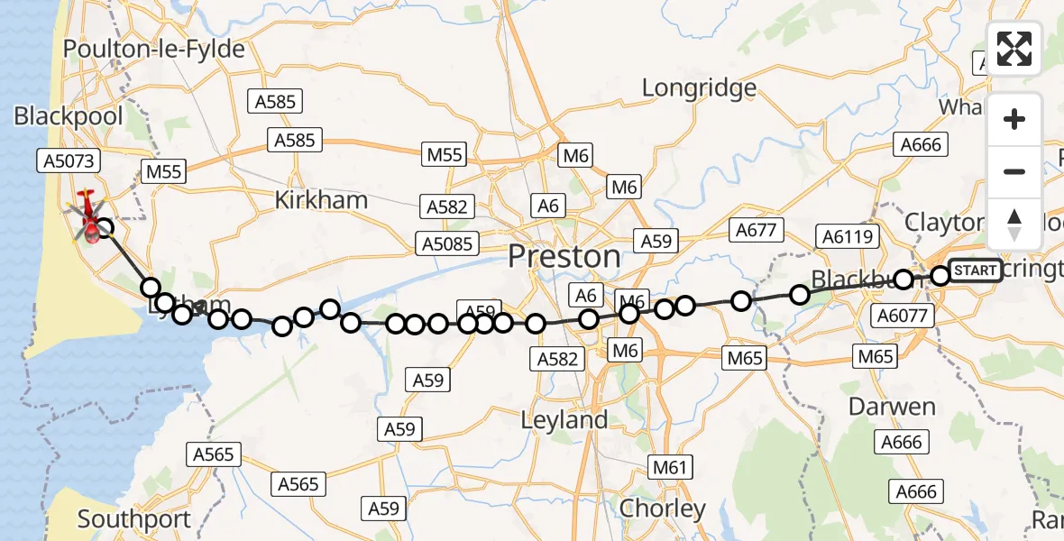 Flight route Air Ambulance Helicopter Stanhill - Blackpool Airport, 27 June 2026, 09:10