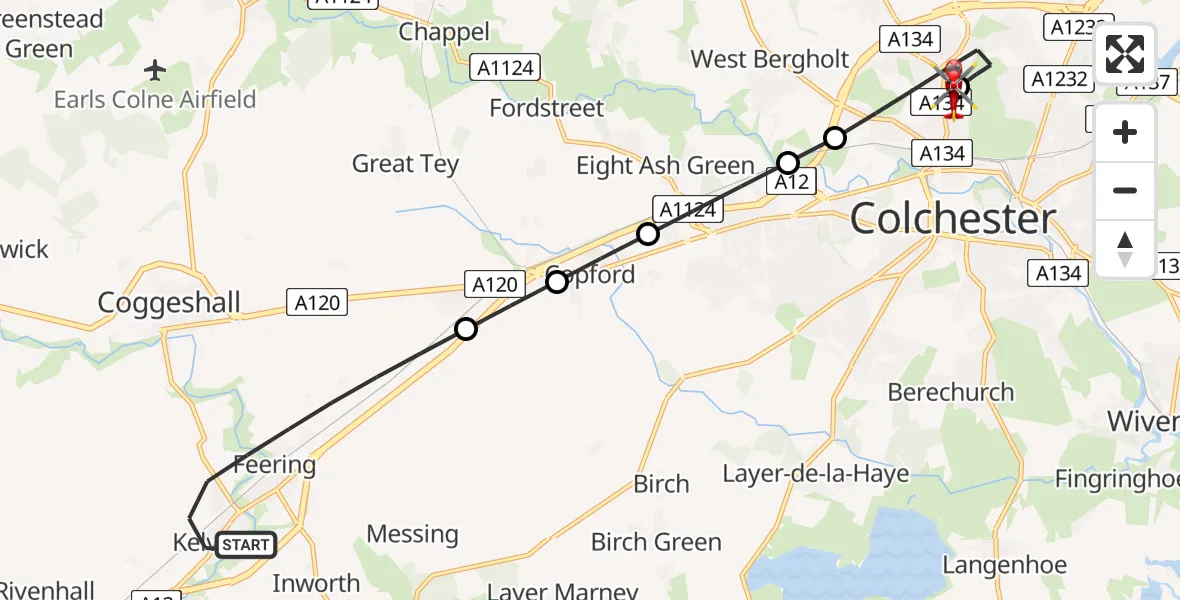 Flight route Air Ambulance Helicopter Braintree - Colchester Hospital, 27 June 2026, 09:38