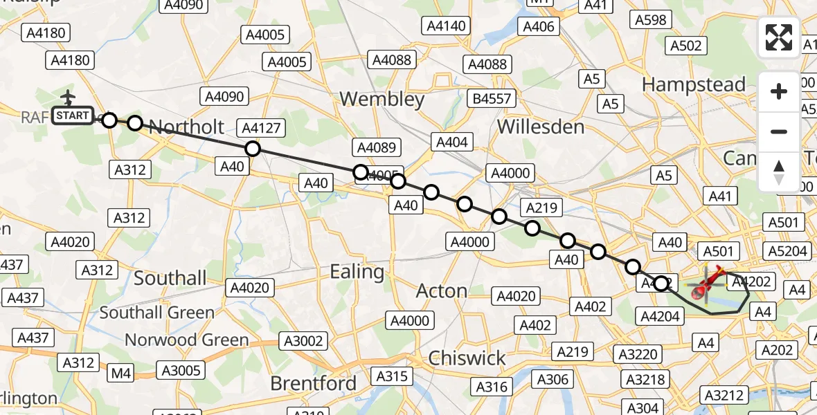 Flight route Air Ambulance Helicopter RAF Northolt - City of Westminster, 27 June 2026, 09:46