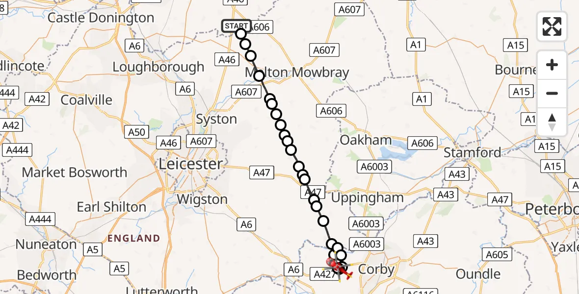 Flight route Air Ambulance Helicopter Rushcliffe - East Carlton, 27 June 2026, 10:00
