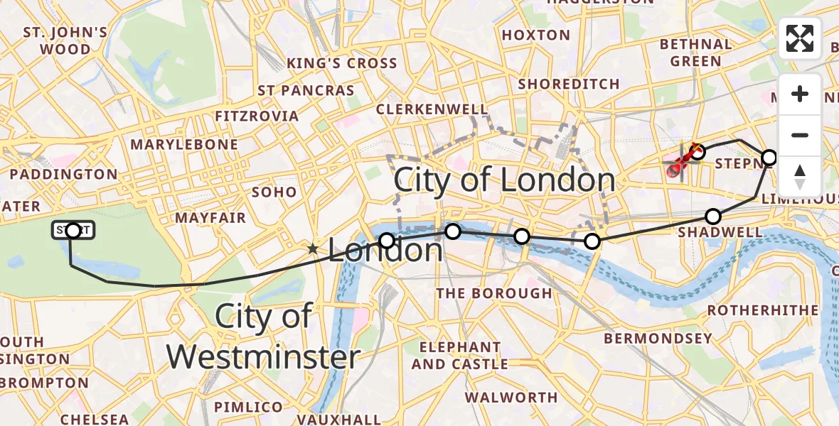 Flight route Air Ambulance Helicopter City of Westminster - Royal London Hospital, 27 June 2026, 10:02