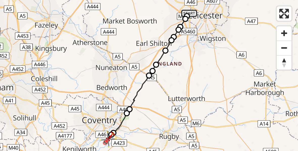 Flight route Air Ambulance Helicopter Glenfield - Coventry Airport, 27 June 2026, 10:04